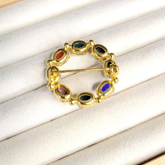 Gold Tone Circle Brooch Pin Multi Gemstones Scarabs Vintage 1.5" Diameter - Picture 4 of 5
